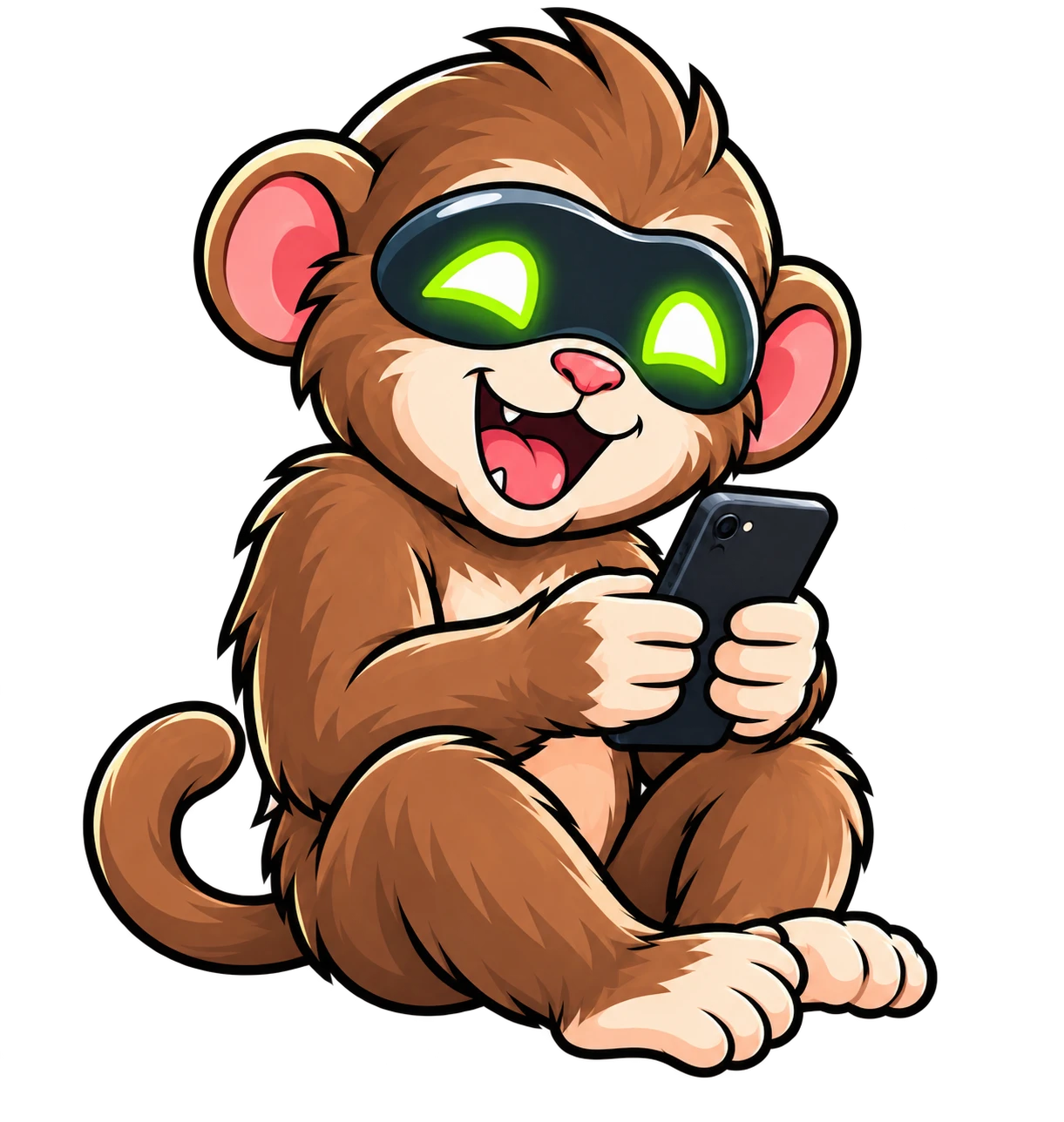 A happy Artificial Ape in glowing green sunglasses holding a smartphone